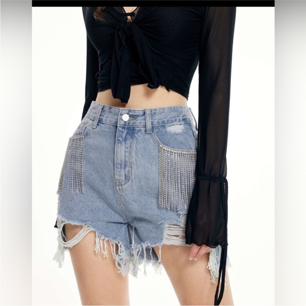 Cider Light Blue Distressed Denim Shorts with Silver Chain Fringe